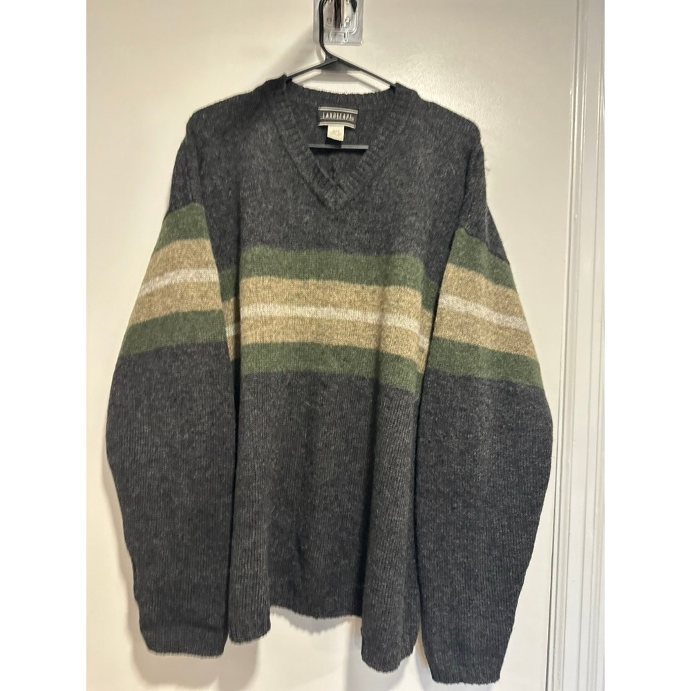 VTG 90s Landscape 100% Wool Gorpcore V-Neck Striped Sweater Sz:XXL Charcoal Gray